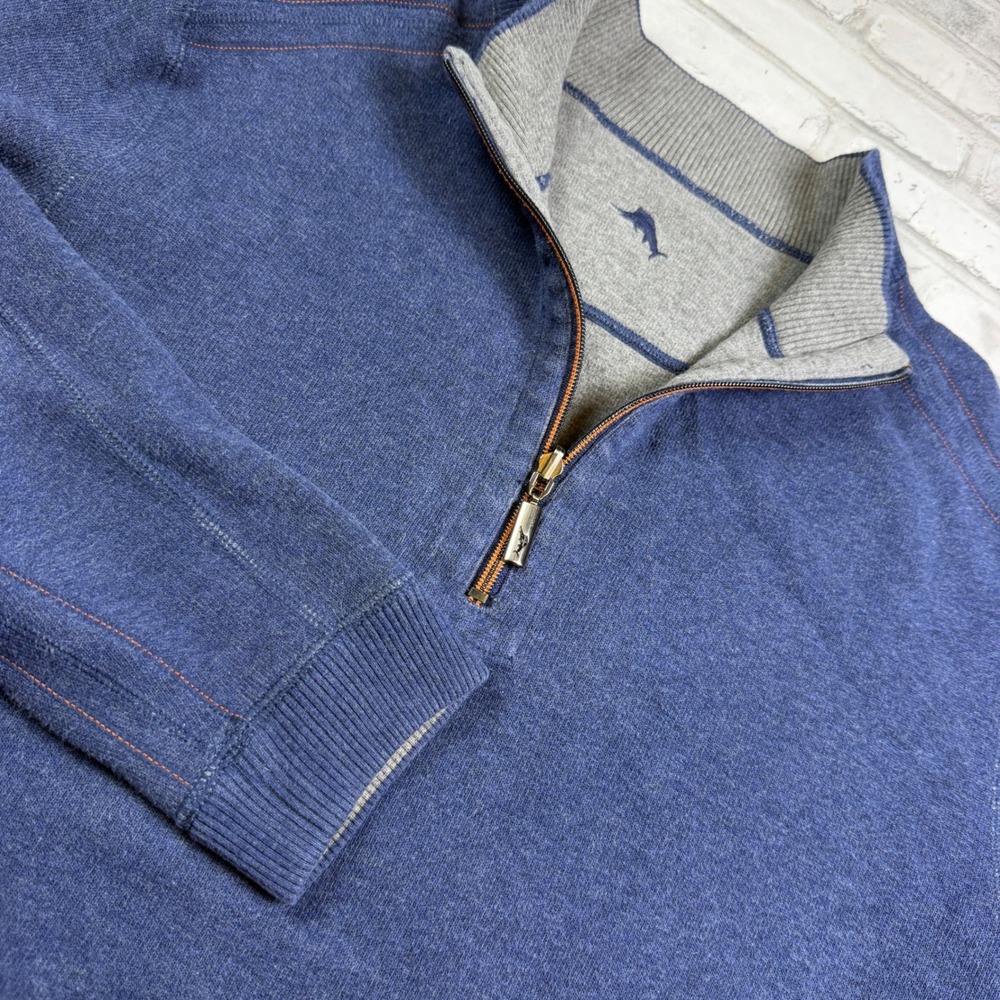 Tommy Bahama Reversible Quarter Zip Mens L-XL? Blue Grey Marlin Pullover EUC